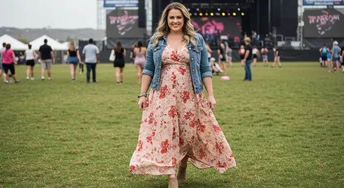 Flowy Maxi Dress + Denim Jacket + Booties Plus Size Country Concert Outfit Ideas