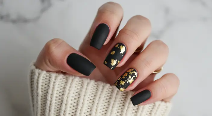 Matte Black with Gold Foil Glitter Glitter Black Nail Designs