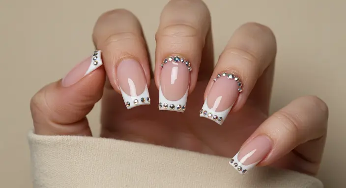 Rhinestone-Encrusted French Tips Birthday Nails 