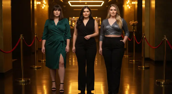 🖼 Realistic Poster Prompt (Humanized + No Curly Hair): In a dimly lit upscale club lobby with warm gold lighting and reflective floors, three plus-size women are seen standing confidently in line for a night out. The first wears a deep emerald satin wrap dress with a slit, paired with ankle-strap block heels and soft straight shoulder-length hair parted in the middle. The second wears a structured black jumpsuit with a V-neckline and flared legs, her sleek hair tucked behind her ears, mid-back length. The third sports a metallic silver crop top and high-waisted black trousers, with her long straight hair in a low ponytail. All three women have minimal makeup with a soft glam glow. No exaggerated posing — they stand casually and naturally, hands down, chatting quietly before heading in.