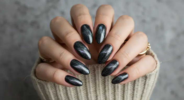  Velvety Black Cat Eye with Micro-Glitter Glitter Black Nail Designs