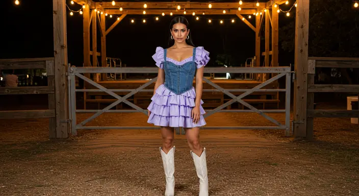 Ruffle Dress + Denim Corset + Cowgirl Boots Plus Size Country Concert Outfit Ideas