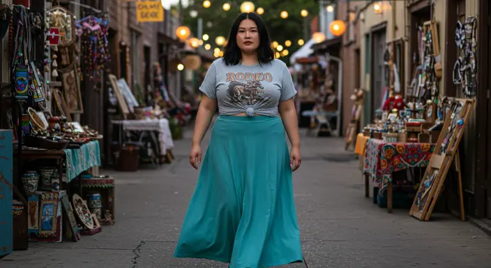 Flared Maxi Skirt + Graphic Tee Outfit Ideas for Cowboy Chic