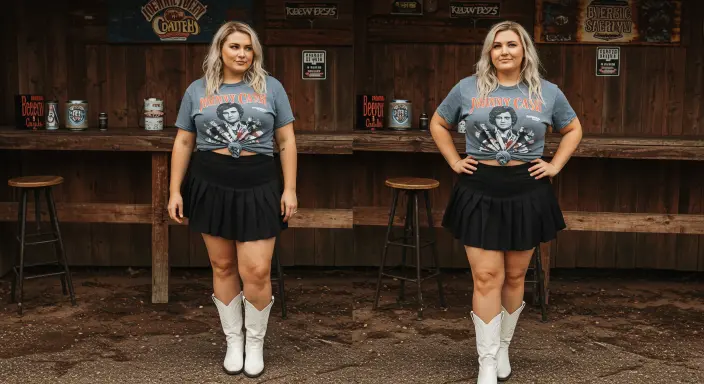 Graphic Band Tee + Pleated Mini Skirt + Cowgirl Boots Plus Size Country Concert Outfit Ideas