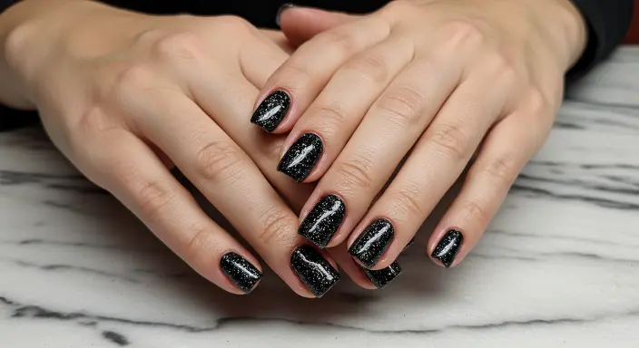 All-Over Glitter Black Nails Glitter Black Nail Designs