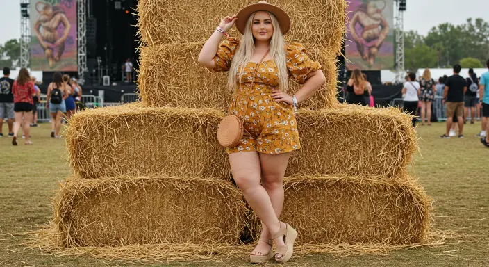 Romper + Wide Brim Hat + Platform Sandals Plus Size Country Concert Outfit Ideas