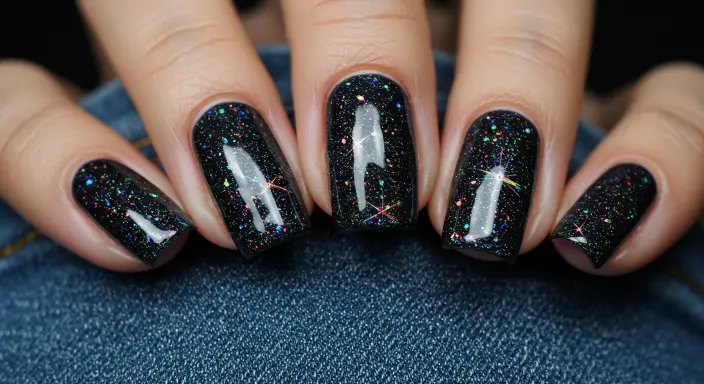 Black Base with Multi-Colored Glitter Glitter Black Nail Designs