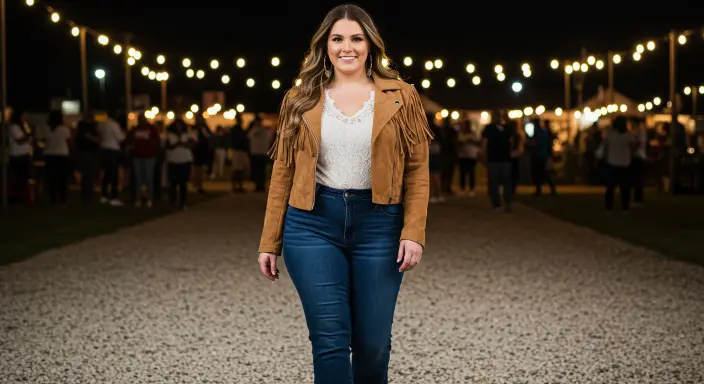High-Waisted Jeans + Lace Top + Suede Jacket Plus Size Country Concert Outfit Ideas