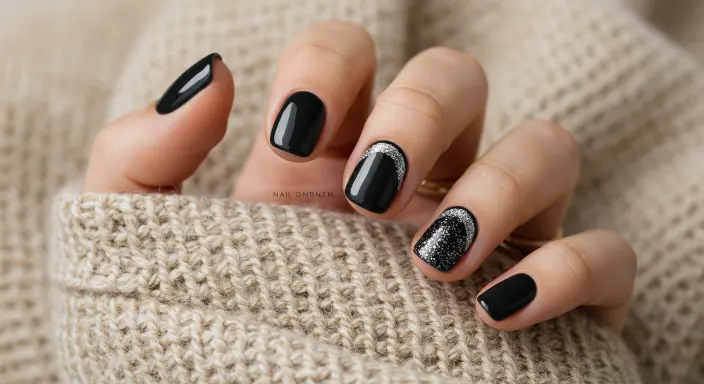 Short Black Nails with Silver Glitter Crescent Glitter Black Nail Designs