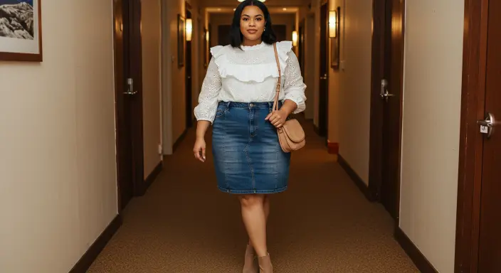 White Eyelet Blouse + Denim Skirt Outfit Ideas for Cowboy Chic