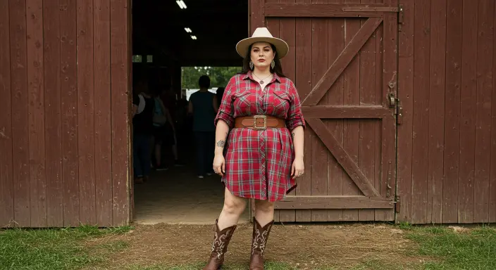 Plaid Shirt Dress + Waist Belt + Cowboy Hat Plus Size Country Concert Outfit Ideas