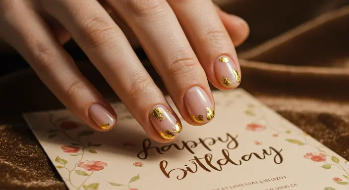 Nude Nails with Gold Foil Accents Birthday Nails 