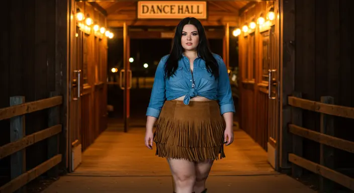 Chambray Shirt + Fringe Mini Skirt Outfit Ideas for Cowboy Chic