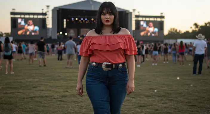 Off-Shoulder Top + Bootcut Jeans + Statement Belt Plus Size Country Concert Outfit Ideas
