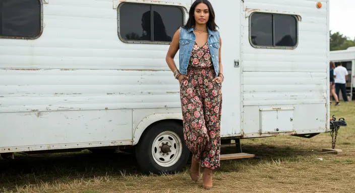Printed Jumpsuit + Denim Vest + Ankle Boots Plus Size Country Concert Outfit Ideas
