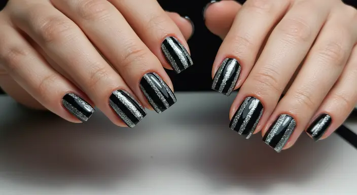 Black and Silver Glitter Stripes Glitter Black Nail Designs