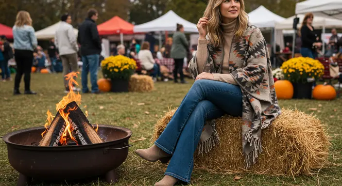 Layered Poncho + Flared Jeans Outfit Ideas for Cowboy Chic