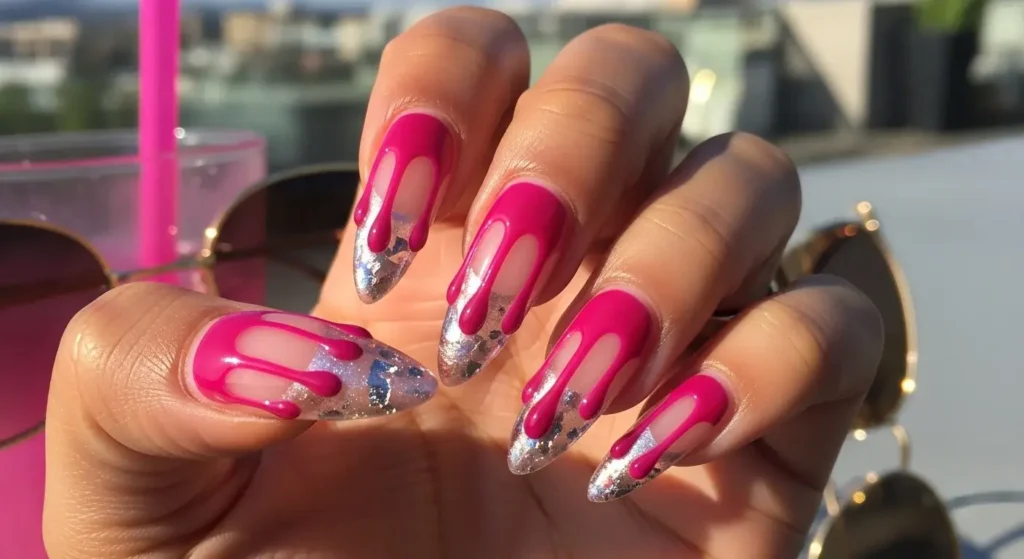 Magenta Drip French Glossy Gel Nail Designs for Summer