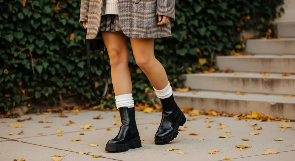 Oversized Blazer + Mini Skirt + Chunky Ankle Boots Fall Outfits with Boots