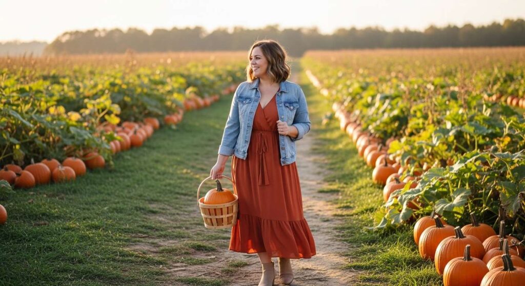 Flowy Midi Dress with Denim Jacket Mid-Size Fall Outfits