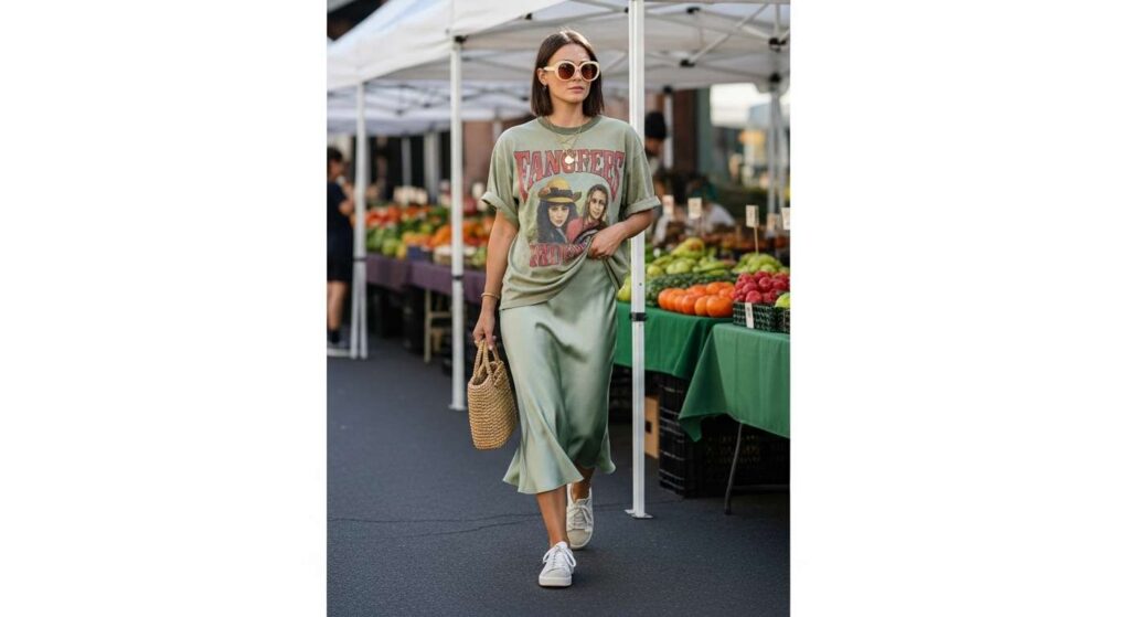 Slip Skirt + Oversized Graphic Tee July Outfit Ideas