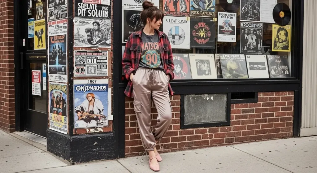 Oversized Flannel + Graphic Tee + Parachute Pants 90s-Inspired Fall Outfits
