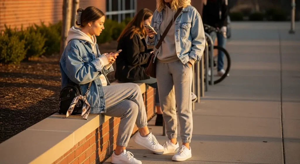 Hoodie + Denim Jacket + Joggers Cute Fall Outfits for School