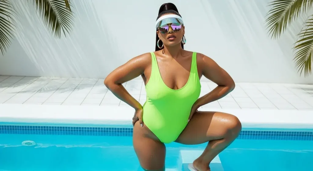 Neon One-Piece + Clear Accessories Plus Size Swimwear Outfit Ideas