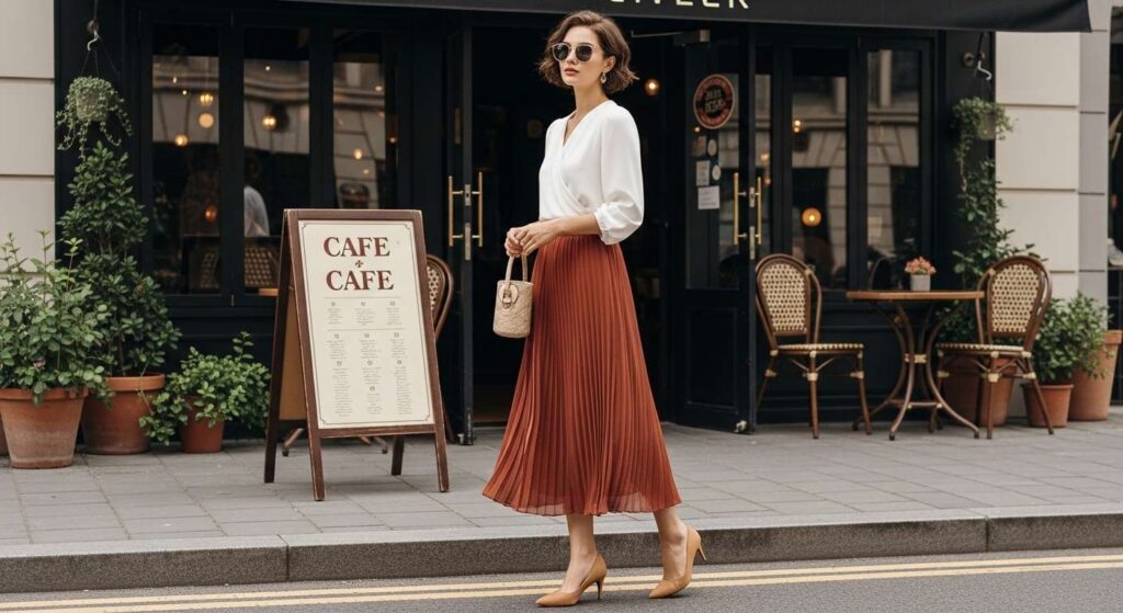 Pleated Midi Skirt with Structured Blouse Classy Fall Outfits