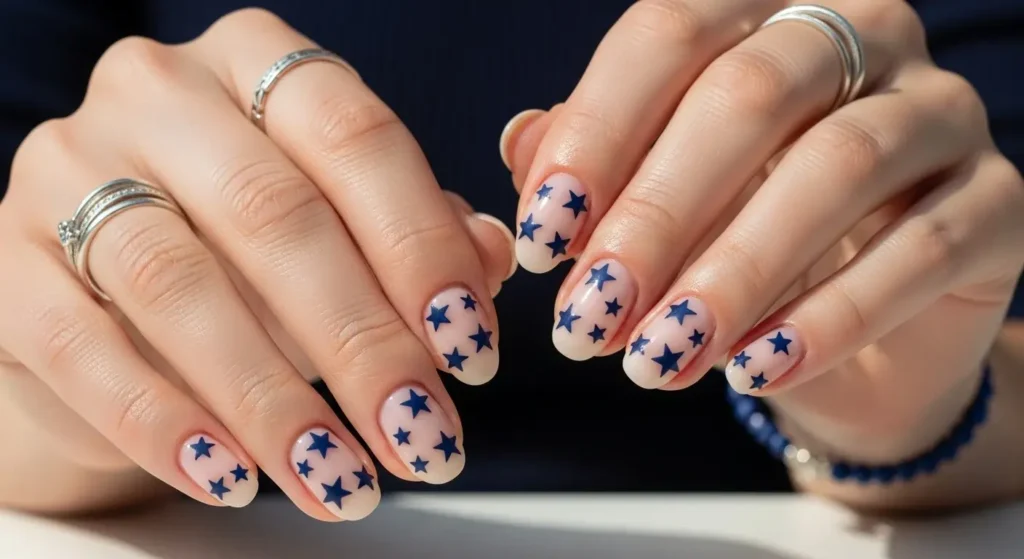 Sheer Nude Base with Navy Star Decals July Nails Ideas