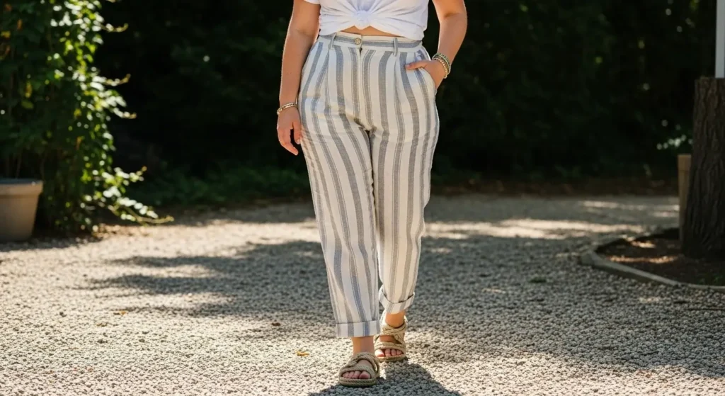 Striped Linen Pants + Knotted Tee + Rope Sandals Linen Pants Outfit Ideas