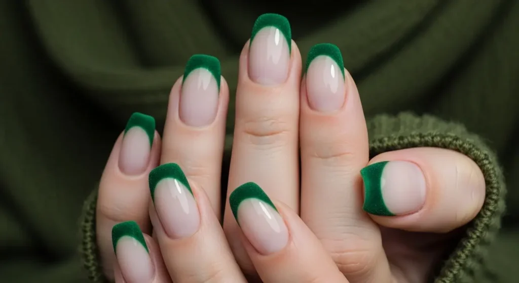 Forest Green Velvet Tips Autumn Nails Chic Ladies