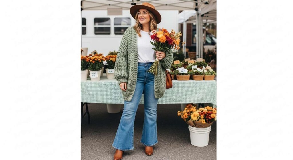 Chunky Knit Cardigan with Flared Jeans Mid-Size Fall Outfits