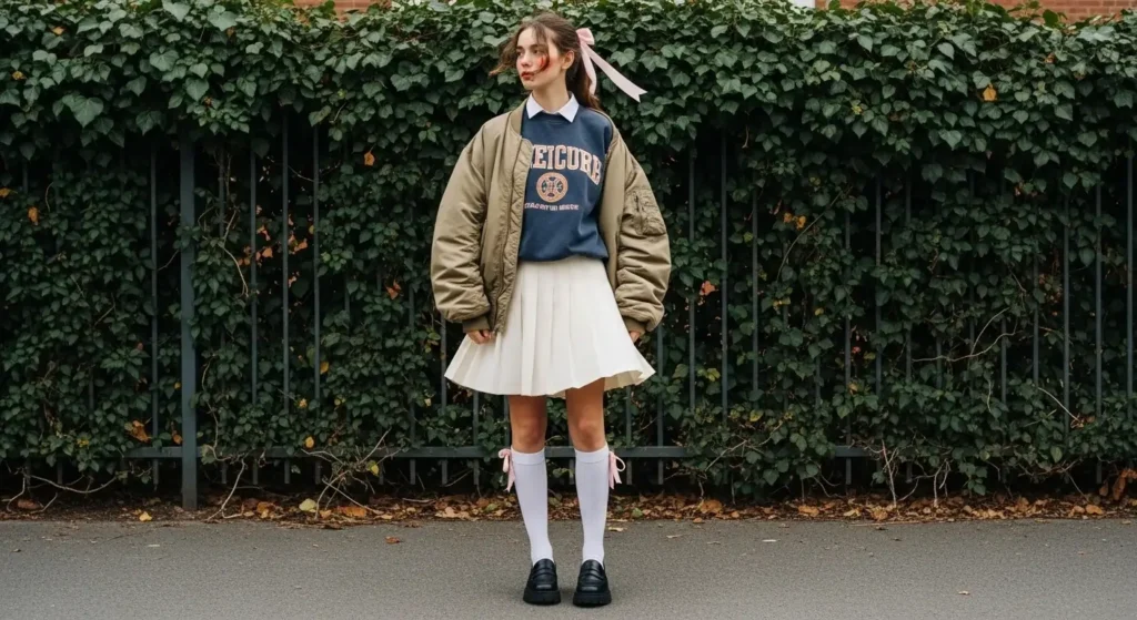 Graphic Sweatshirt + Pleated Tennis Skirt + Tall Socks Casual Fall Outfits