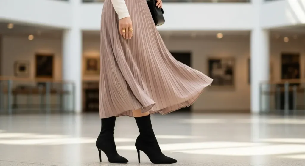 Mock Neck Top + Pleated Skirt + Sock Boots Fall Outfits with Boots