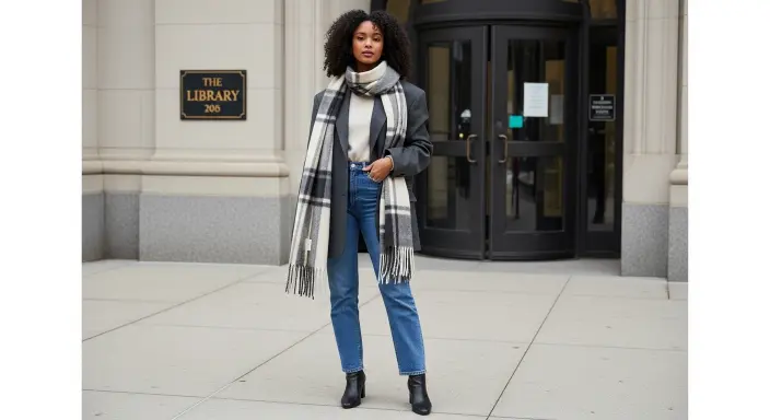 Oversized Blazer + Scarf + Straight Jeans Aesthetic Winter Outfits
