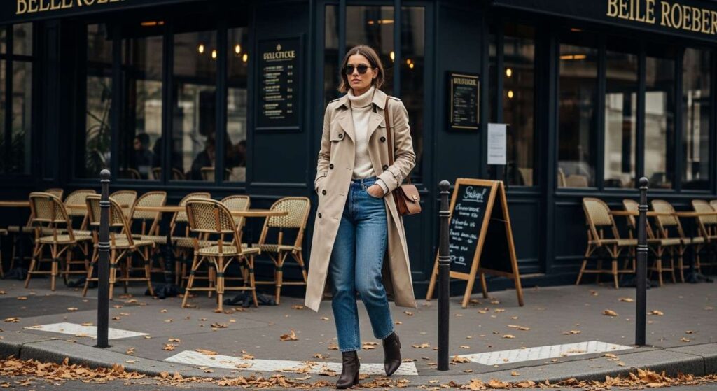 Classic Trench Coat + Turtleneck + Straight-Leg Jeans 