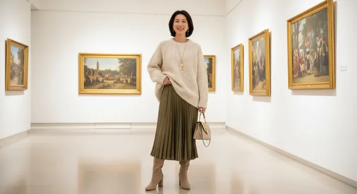 Oversized Knit Sweater + Pleated Midi Skirt + Heeled Boots Chic Winter Outfits