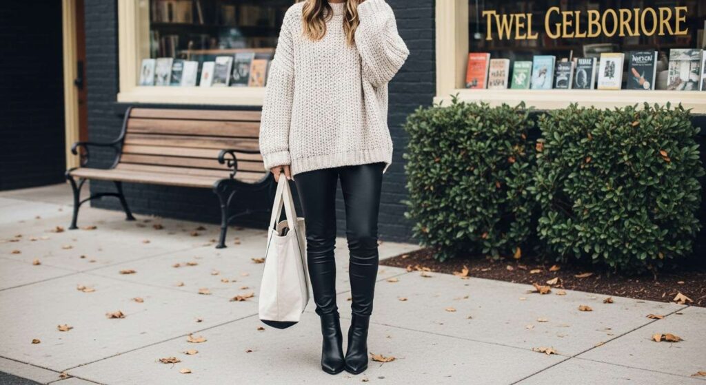 Oversized Knit Sweater + Faux Leather Leggings + Ankle Boo Chic Fall Outfits