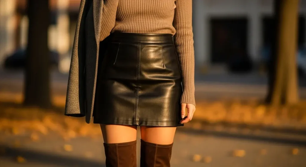 Turtleneck + Leather Mini + Tall Boots Fall Outfits with Skirts