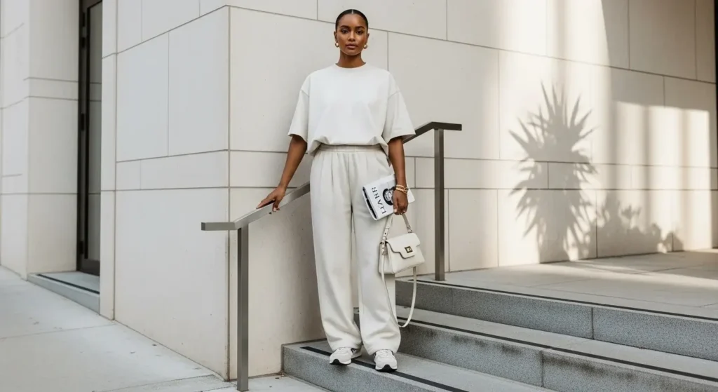 Monochrome Baggy Tee + Matching Joggers + Sleek Hair Bun Trendy Baggy T-Shirt Outfits for Women