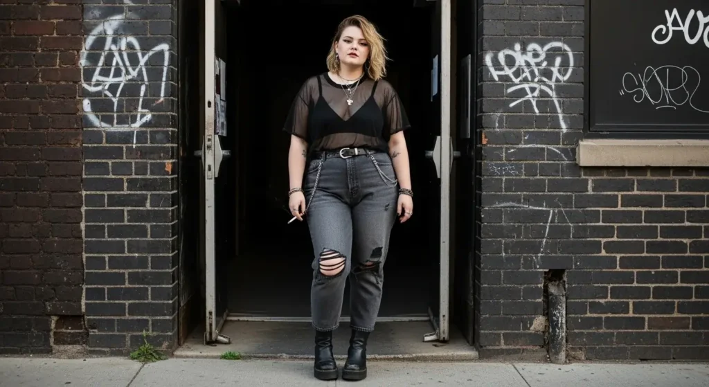 Mesh Top + Ripped Jeans + Platforms Plus Size Aesthetic Outfit Ideas