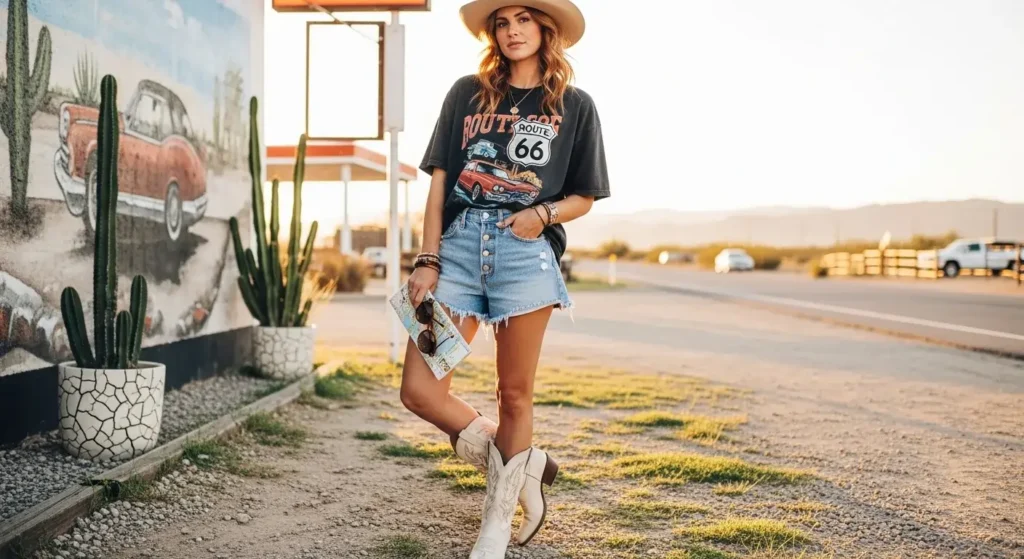 Oversized Vintage Tee + Denim Cut-Offs + Cowboy Boots Trendy Baggy T-Shirt Outfits for Women