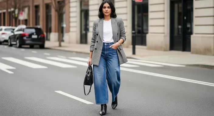 Double-Breasted Blazer + Wide-Leg Jeans + Pointed Boots Chic Winter Outfits