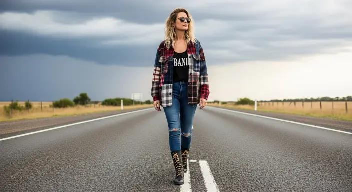 Patchwork Flannel Jacket + Band Tank + Skinny Jeans Grunge Fall Outfits