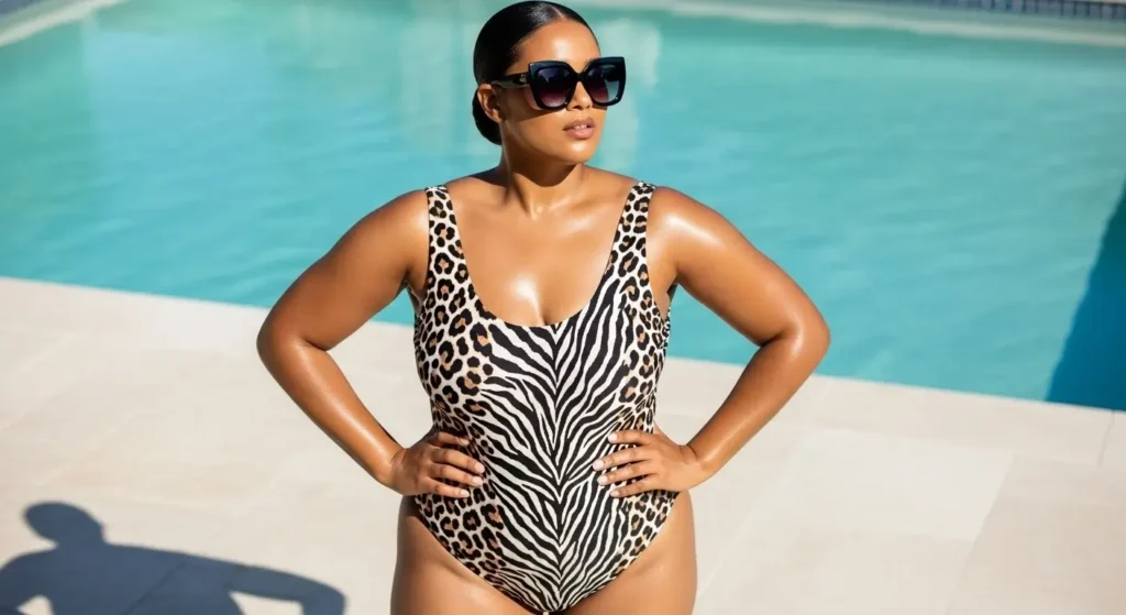 Animal Print Suit + Black Sunglasses Plus Size Swimwear Outfit Ideas