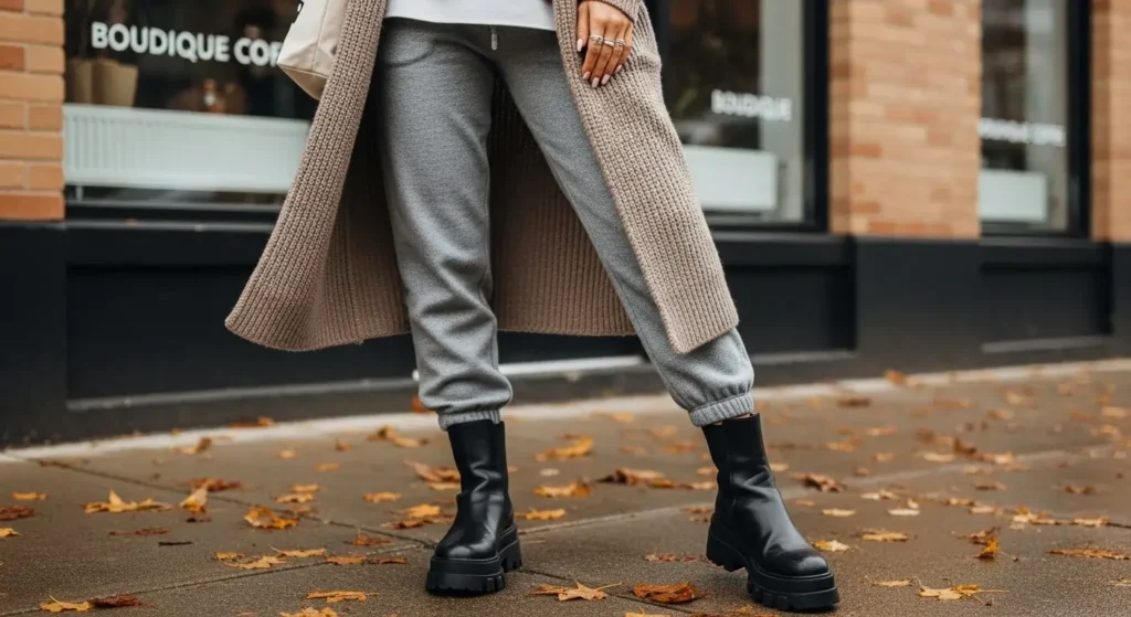 Coatigan + Joggers + Lug Sole Boots Fall Outfits with Boots