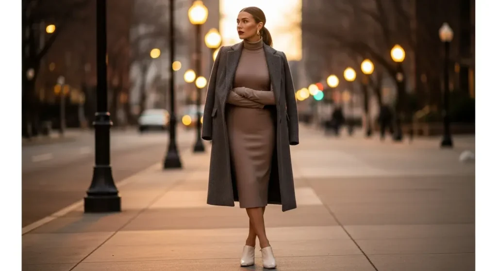 Turtleneck Midi Dress + Wool Coat + Block Heels Trending Fall Outfits