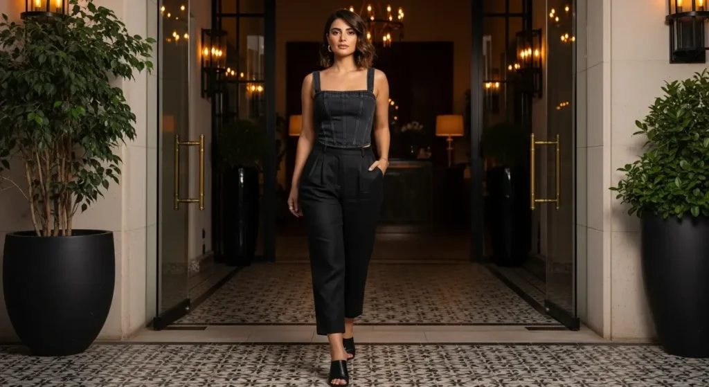 Cropped Linen Trousers + Denim Corset Top + Heeled Mules Linen Pants Outfit Ideas