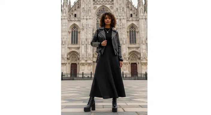 Studded Leather Jacket + Black Maxi Skirt + Platform Boots Grunge Fall Outfits